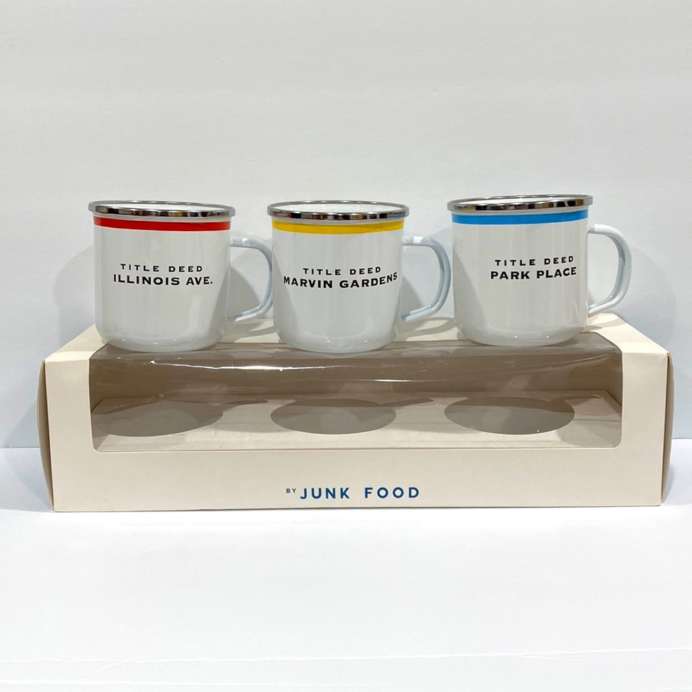 Junk Food Monopoly 3 enamel mugs. Marvin Gardens Illinois Ave. Park Place NWT